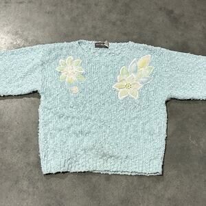 80s YarnWorks Women's Light Blue Floral Knit Sweater Size M Acrylic